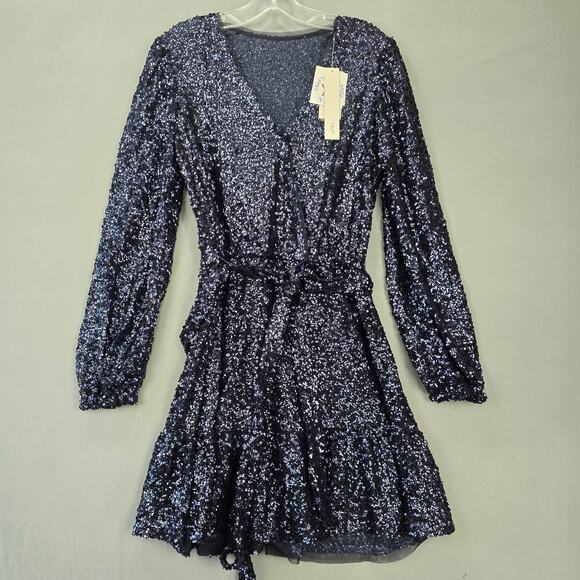 Bloomindale's Blue Navy Dress NEW $74 Formal Sequin Midi V-Neck Women Size 6 Tie - Picture 1 of 12